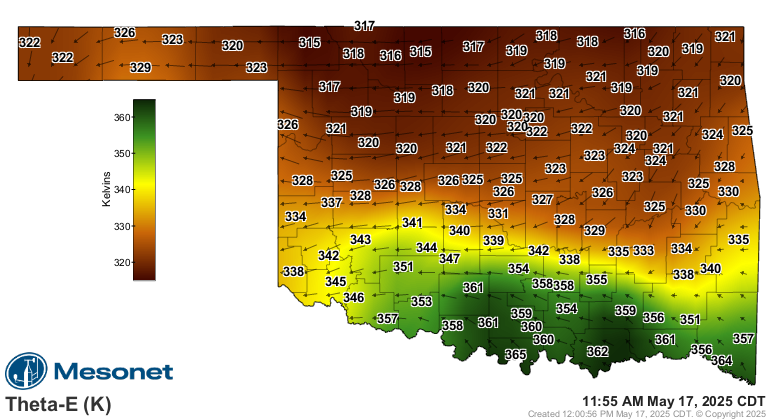 Oklahoma Mesonet - Theta-E - 11:55 am CDT May 17, 2025